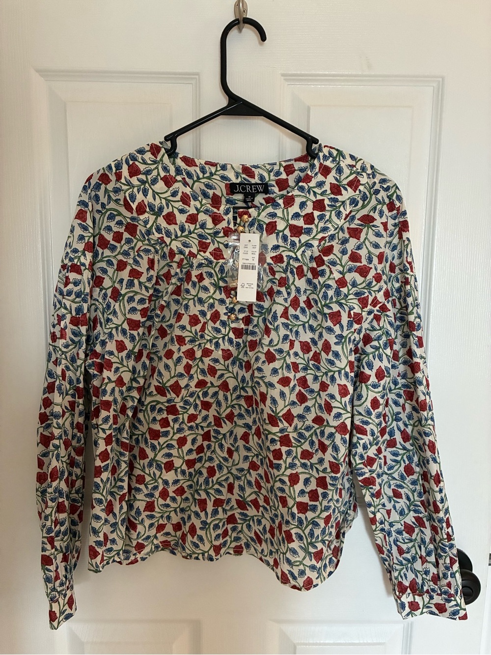 J. Crew Cream Blouse with Red & Blue Floral Print